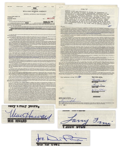 The Three Stooges Signed Agreement Regarding TV Rights With William Morris Agency From March 1963 -- Signed by Moe Howard, Larry Fine & Joe DeRita -- 2pp. on Single 8.25 x 13.75 Sheet -- Near Fine